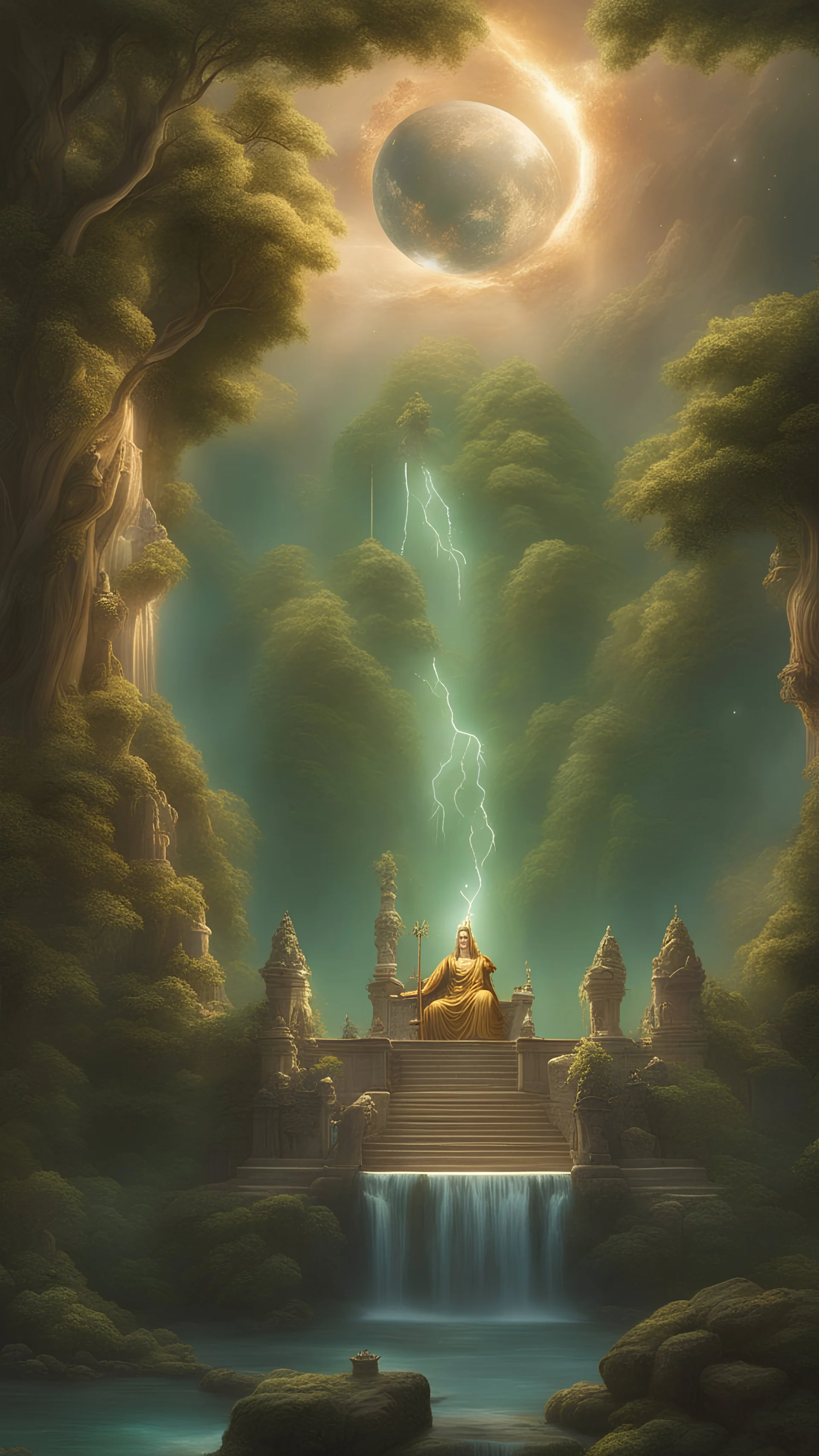 A stunning view of the god Athena as she plays a heavenly banyan in her temple on the emerald waterfall. It is decorated with stars and planets. And lightning in the form of Zeus in the sky
