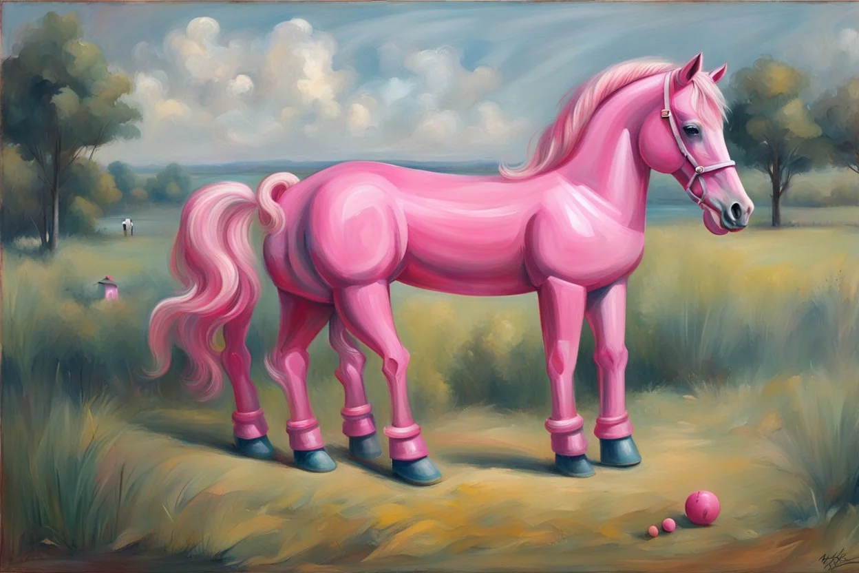 Big pink plastic toy horse.19th painting