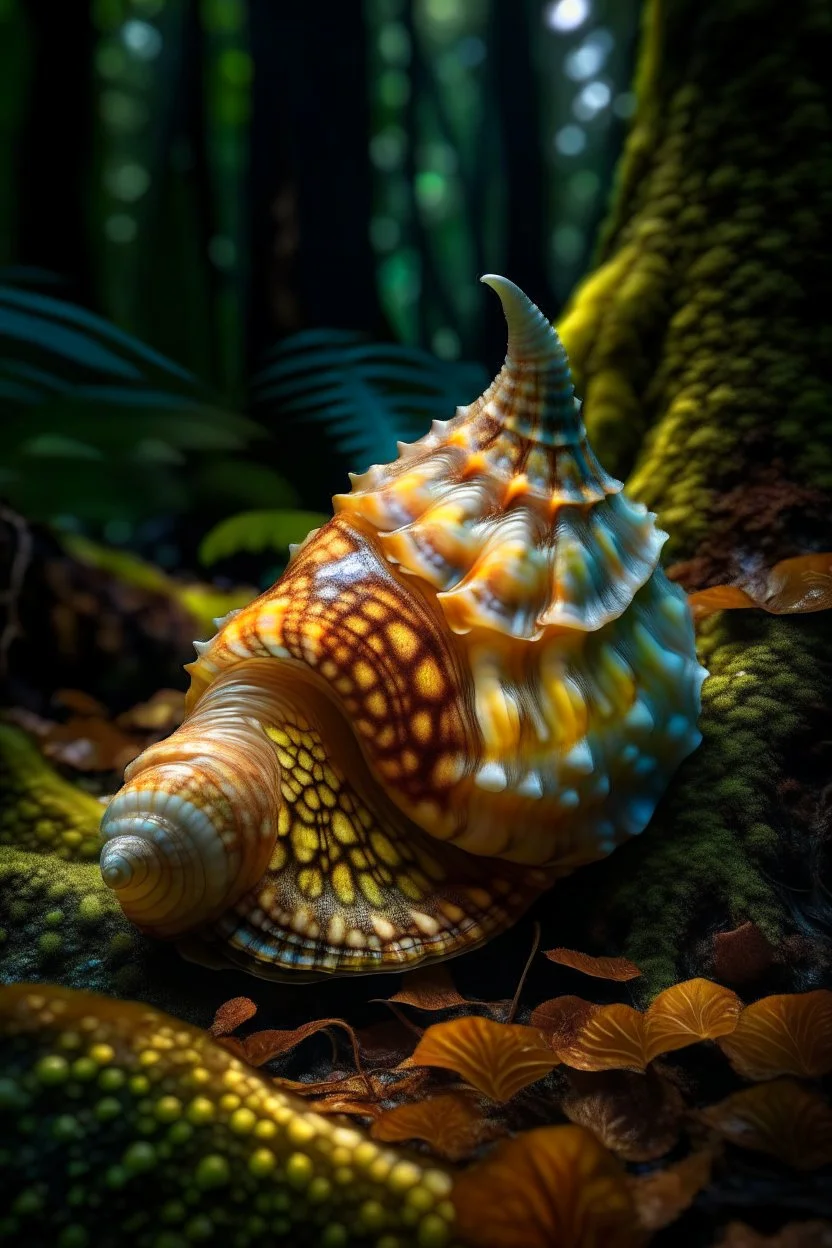 The "Luminous Conch" - An ancient, giant conch shell found in the heart of the bioluminescent forest. When blown, it emits a mesmerizing melody that can manipulate the behavior of the planet's unique marine creatures. , photo-realistic, shot on Hasselblad h6d-400c, zeiss prime lens, bokeh like f/0.8, tilt-shift lens 8k, high detail, smooth render, down-light, unreal eng