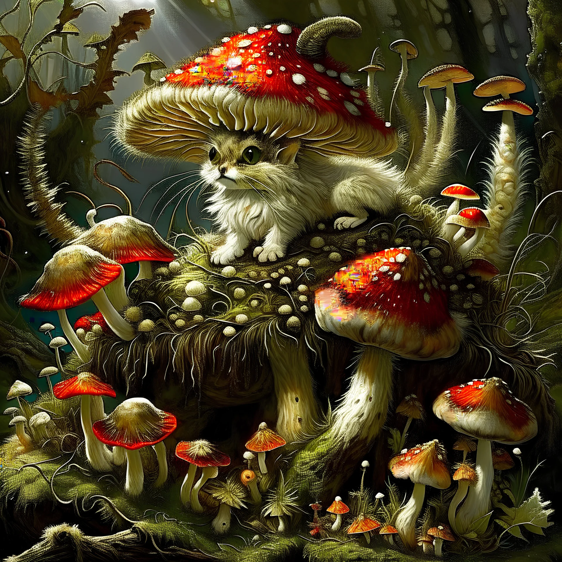a kitten on which different mushrooms, fly agaric, the highest quality grow nearby, Thomas Kincaid. linear art. It's magical. Jean-Baptiste Monge. Tim Burton. complicated details. Luminescence. Josephine Wall. Ivona Lifshes. Illuminated. Thomas Wells Schaller.