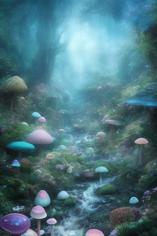 riviere turquoise,ciel étoilé, petit rocher avec mousse, magic hobbit house,great flower fleurs pink and white, champignon magique, elfe très beau, fée magnifique, etoile filante, cristaux, vray, cgi