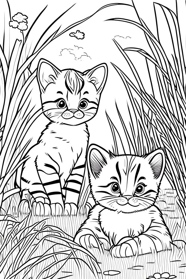 coloring page for kids, Cats in the grass, cartoon style, thick lines, low detail, no shading