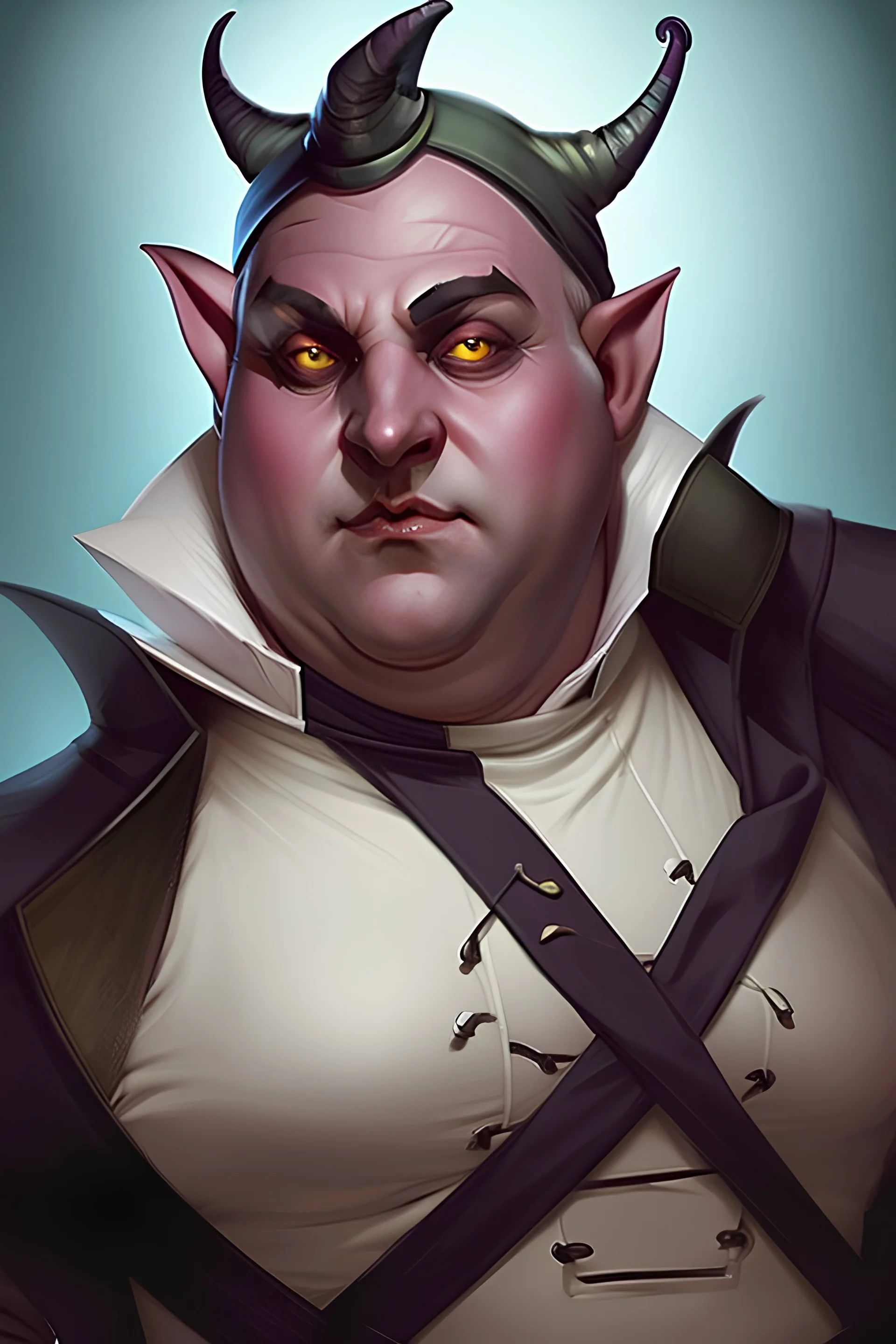 A jolly fat tiefling noble with a dark shadow behind him