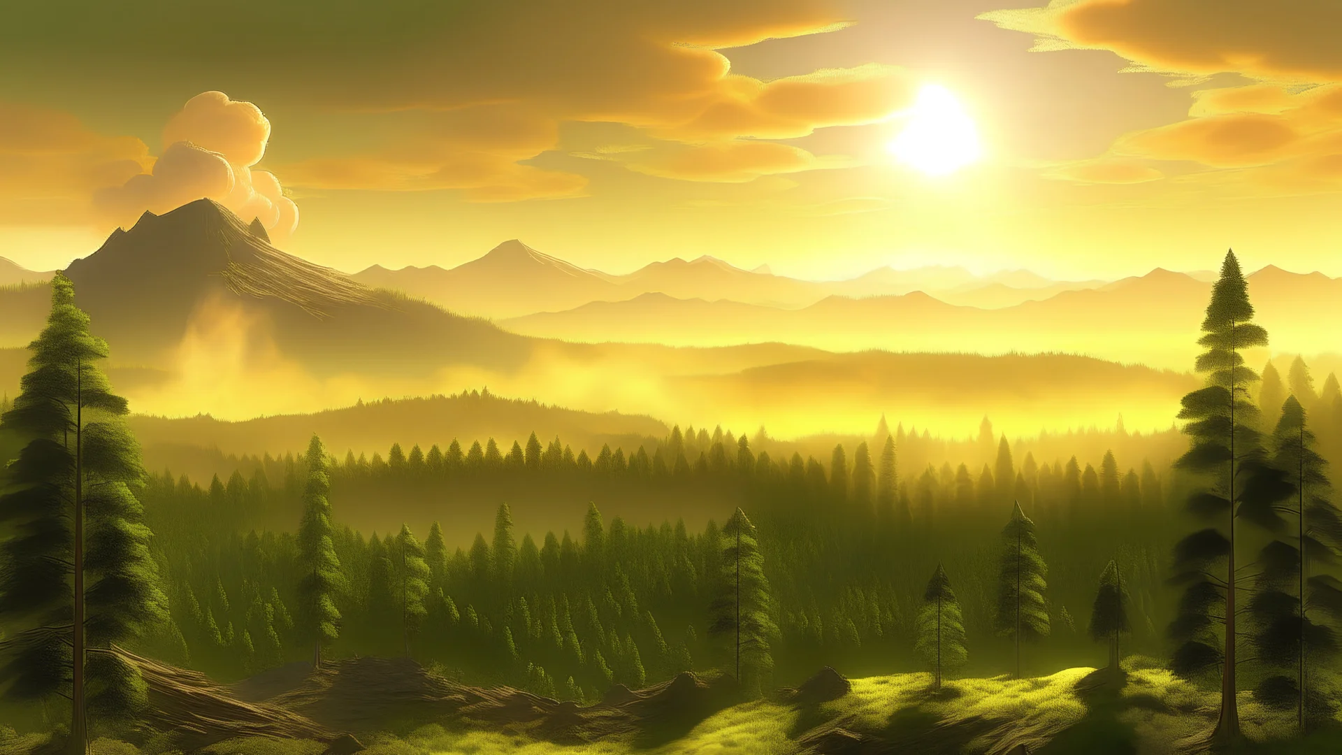 A vast, green forest stretches across the landscape. The sun shines brightly overhead, and the trees are bathed in golden light. In the distance, a volcano erupts, sending a plume of smoke and ash into the air.