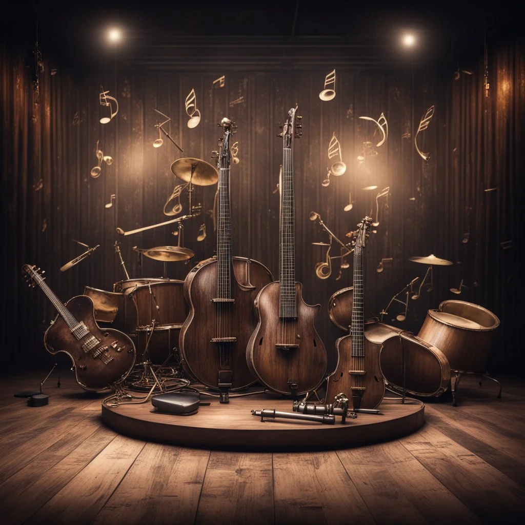 Hyper Realistic musical instruments orchestra with musical notes on a dark vintage designed stage with dark grungy rustic background & vintage lights