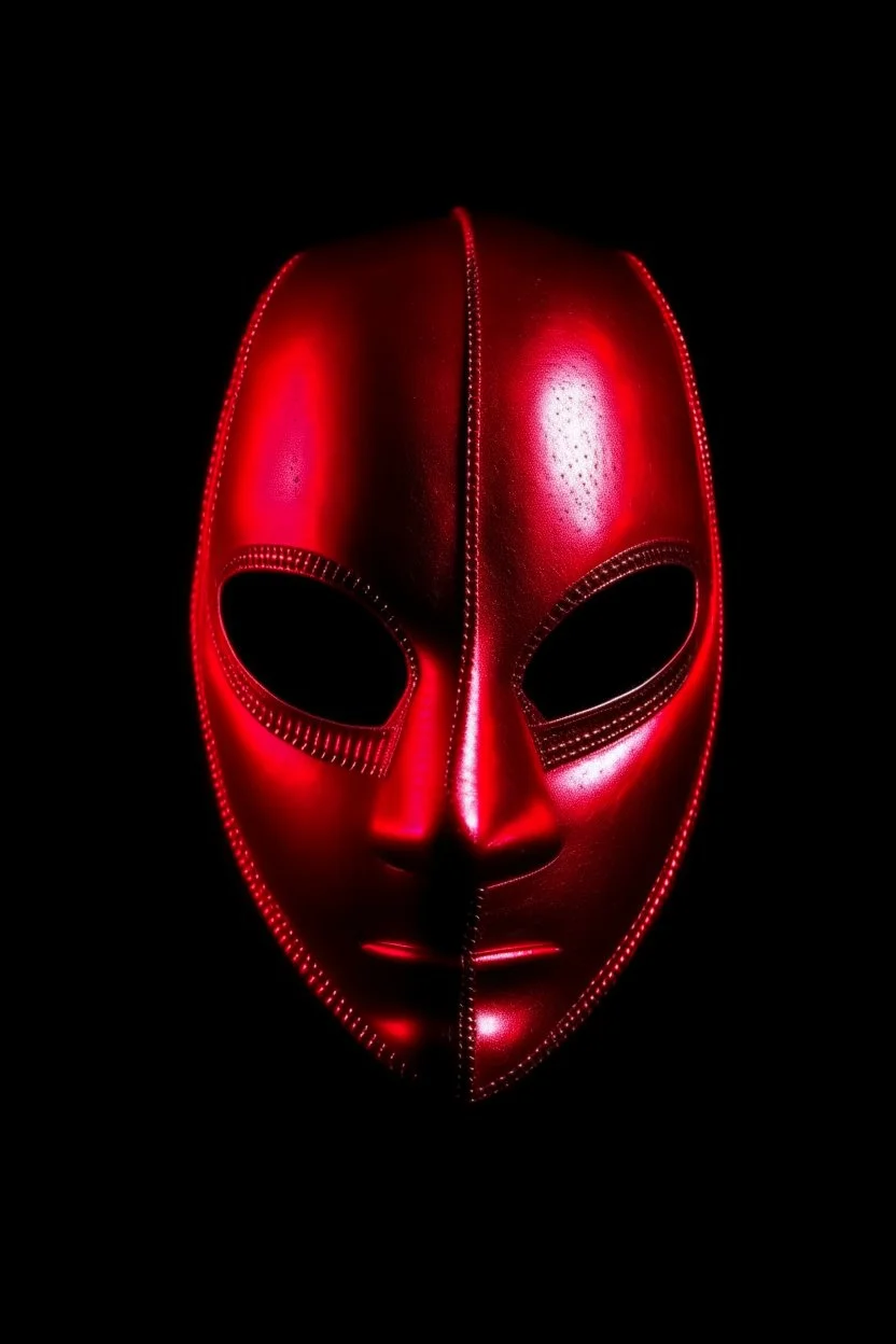 Create a metal mask that covers the full face. The eye openings should be recessed and obscure the wearer’s eyes, showing them as glowing red. It should be gunmetal gray color and have symmetrical holes over the mouth area that glow slightly red. It should be worn by a rabbit and have a black hood