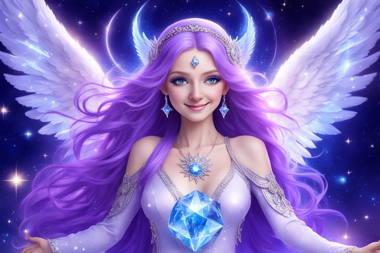 angel cosmic women with long violet hair, light eyes and blue brightness tunic, with a little sweety smile, with big crystal wings, in a background of stars and bright beam in the sky