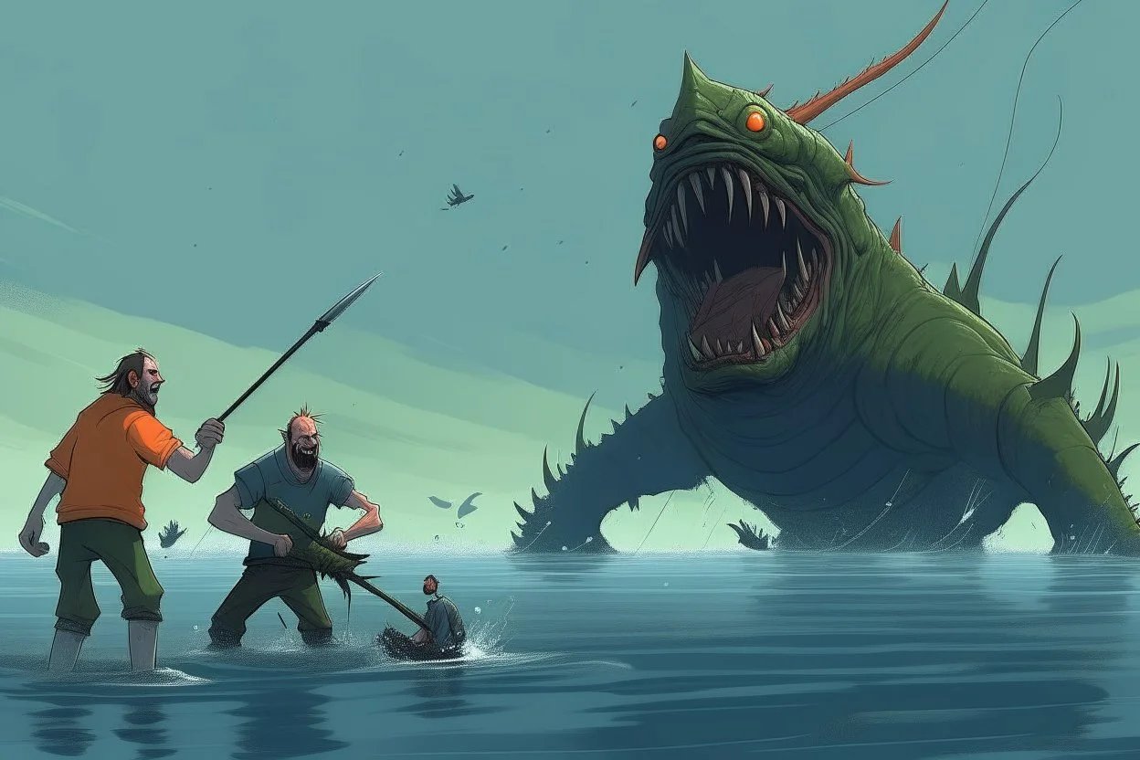 A man is attacked by a mutated monster in sea while he is fishing, cartoon style Simon Stålenhag