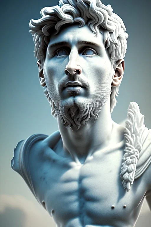 Ultra Realistic image, Roman sculpture, white marble material, Lionel Messi, sun radial crown, chisel style, waist up portrait, epic, celestial, cinematic lighting, God light, god rays, 4k resolution, smooth details, ornate details, soft lighting, unreal engine 5, marble background.