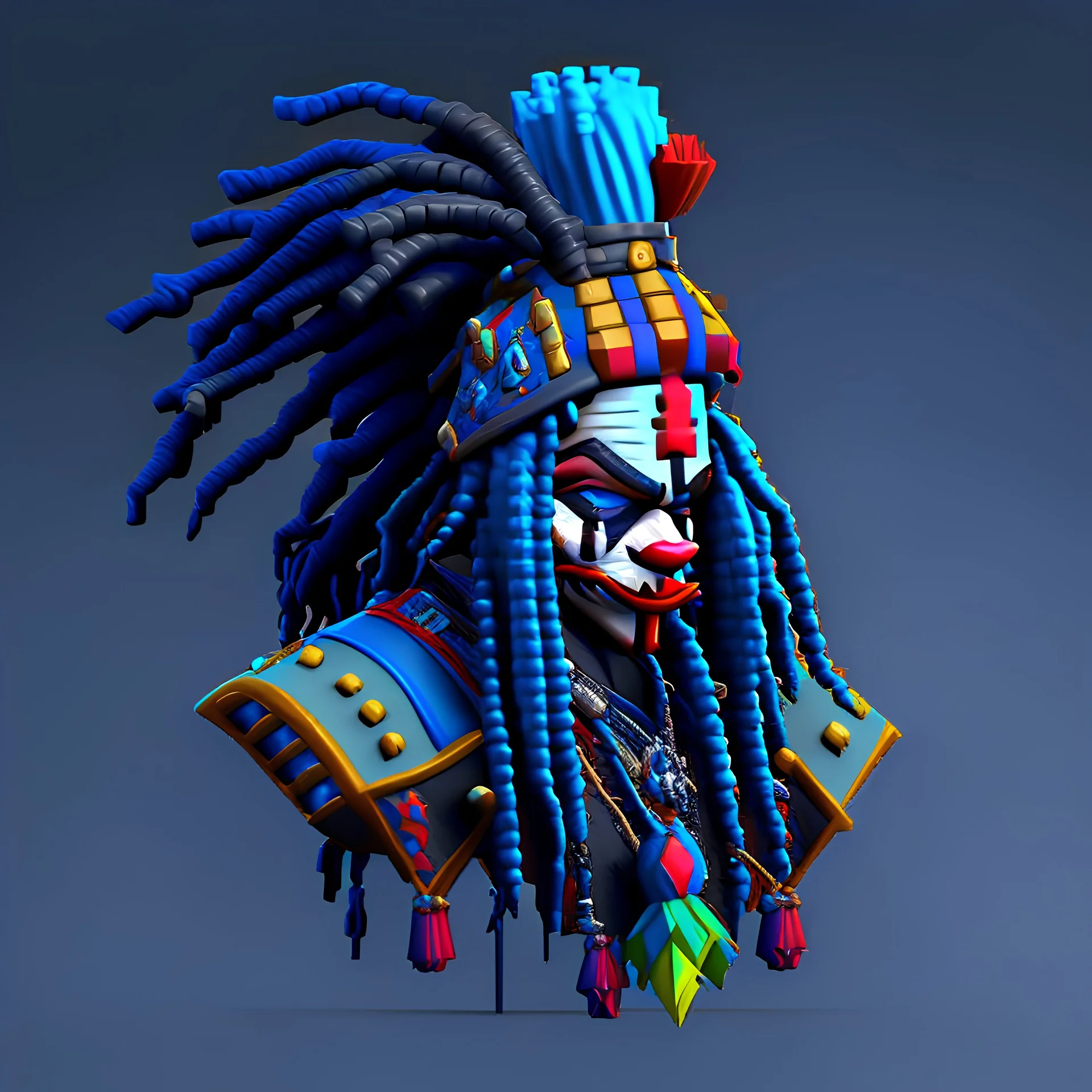 (((((3d pixel art nft style))))) (((clown assassin with blue dreadlocks in attire that resemble assassin's creed, with a strong focus on the details))) ((((best quality, ultra-detailed, UHD 32k, vector illustration, nft character, trending on all NFT marketplaces, valued at a record-breaking price to purchase nft))))