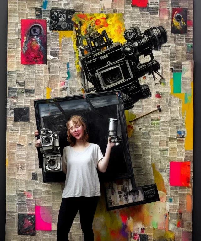 happy beautiful girl holding big proffesional camera in studio. street art, oil on canvas, spray paint, collage, letters, newspapeers, Dave McKean, Vladimir Fedotko, Saturno Butto, Vaughn Bodé, Frank Wu, James C. Christensen, collage, dirty, paint dripping, radiant