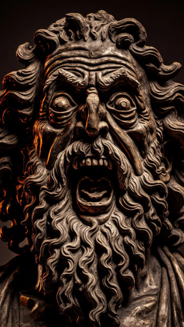 Ceramic style statue all colours are dark of an old church man from the 1200 BC , the head of dead man with thick curly hair and his eyes are open wide and open mouth with rage ,