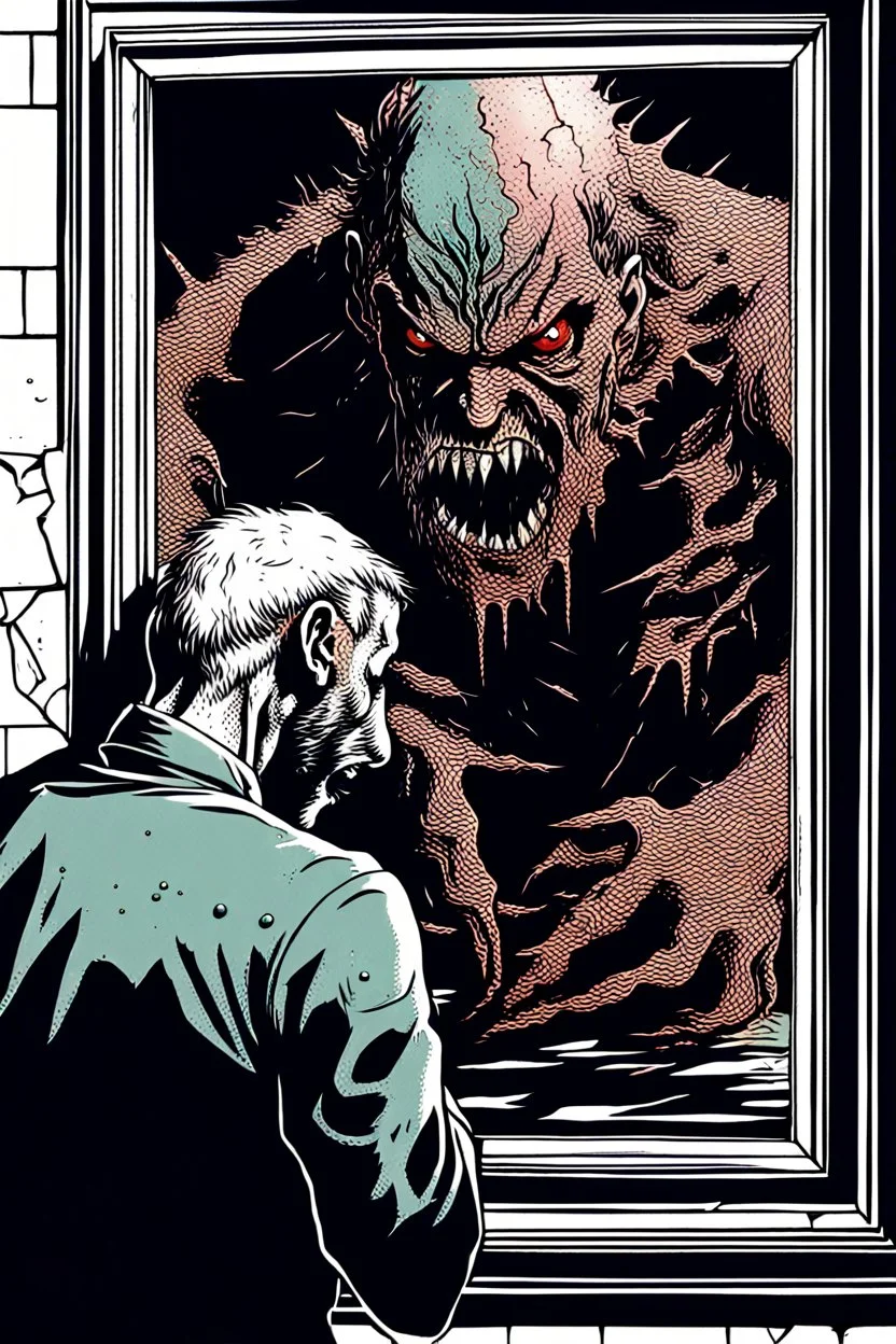 a man looking into a shattered mirror and seeing a horrifyingly smeared and deranged monster in his reflection