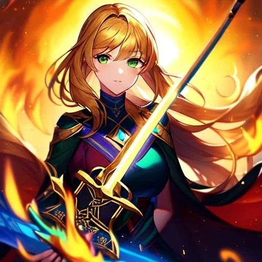 8k, Girl, high quality, detailed, golden hair, green eyes, beautiful lighting, vibrant colors, fire sword