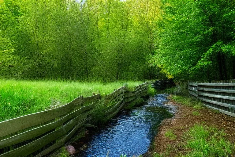 Fence, stream, trees