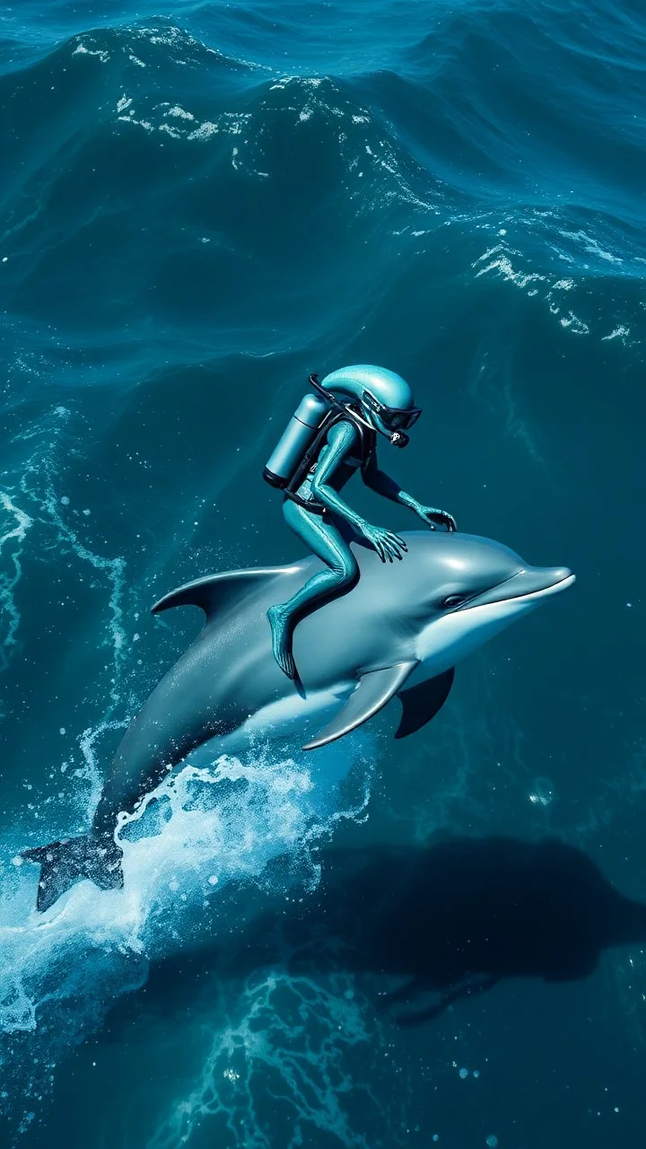 An Alien with diving suits riding on dolphin in the ocean with high waves