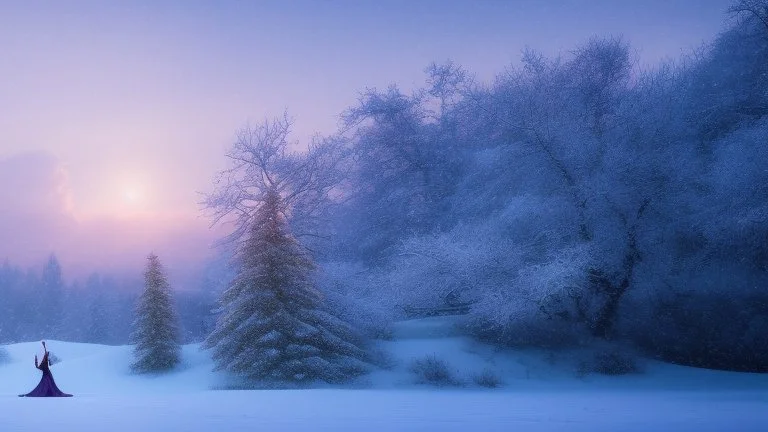 A snow-covered landscape, with a pair of ballet dancers performing a graceful waltz in the sky, surrounded by a heavenly chorus of angels.