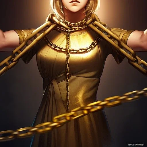 breaking out of chains, hands look realistic, chains are broken, anime, freed, breaking the links in a chain to escape, reowning her power, chain is gold, liberation