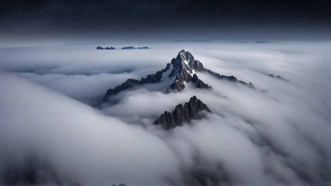 looking down from space at only one single sharp misty mountain cliff coming through the mist and surrounded by the mist at night starry sky