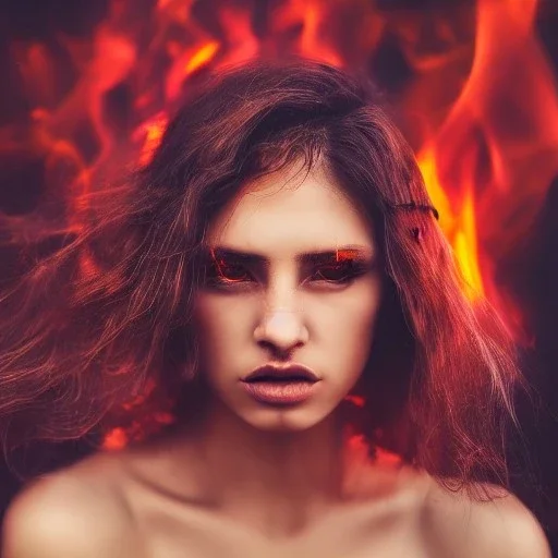 woman made of fire, full face, fire angel, hair made of fire, fire covering breasts, fire all around, only wearing bikini made of fire, extremely detailed, photo style, style of photo, lava background, smokey sky