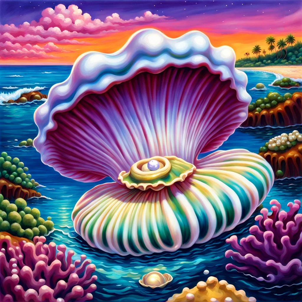 fantasy 90's tcg art of pearlescent giant clam with pearl