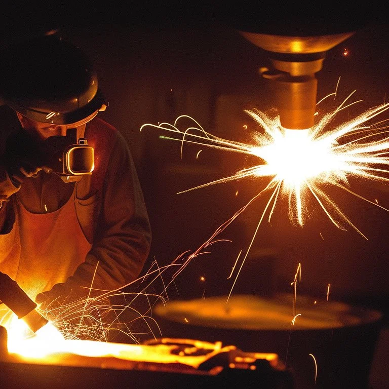 Imagen realista y dramática de una trabajador en una fábrica de fundición rodeado de las chispas que saltan, en medio de la penumbra, primer plano del trabajador mirando la pieza que funde. Fotografía periodística realizada con una cámara Leica y un objetivo de 50 mm
