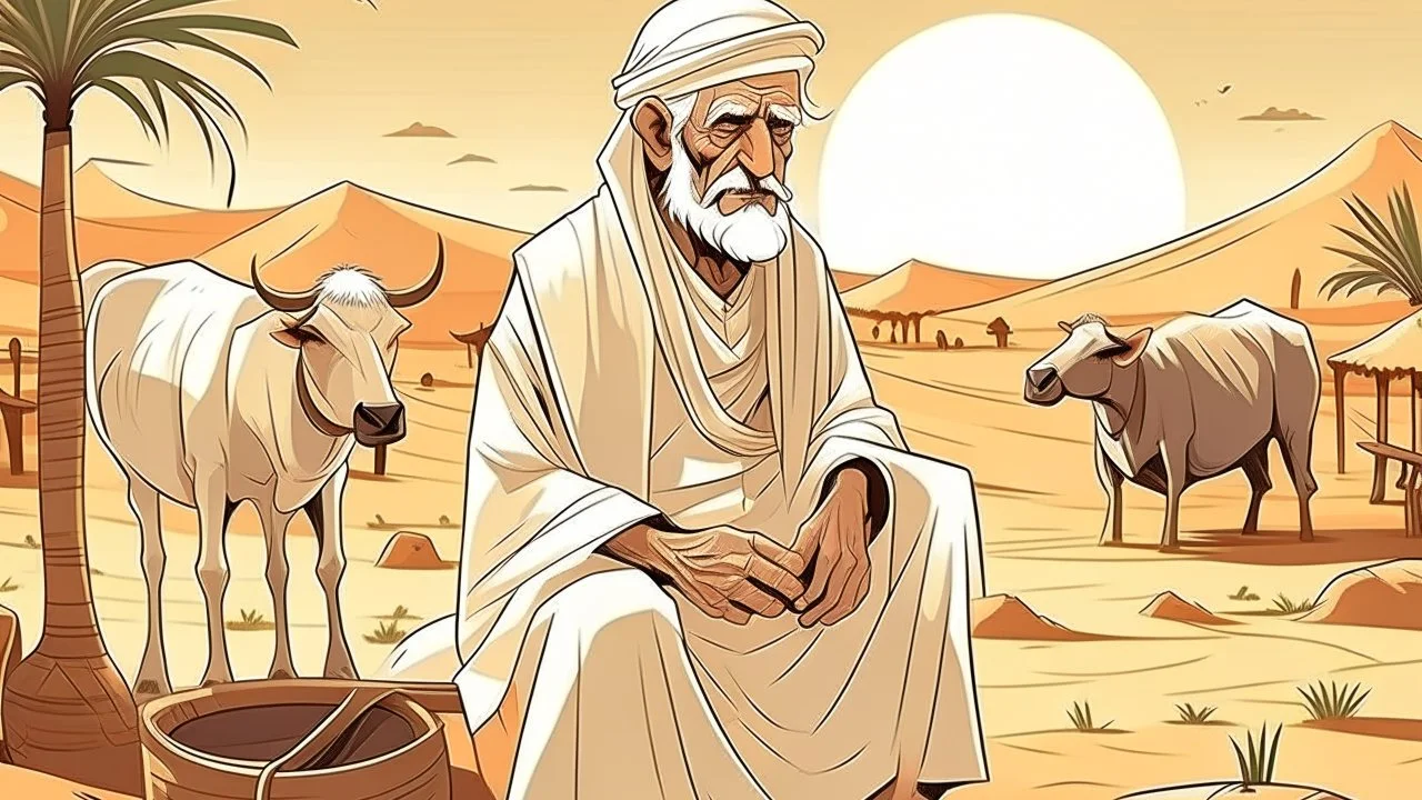 Old man, Arab, turban, white clothes, cattle, desert, council, sun, palm trees, mud houses, holding a stick, looking forward, a very slight smile.cartoon,Sitting on a chair,long beard