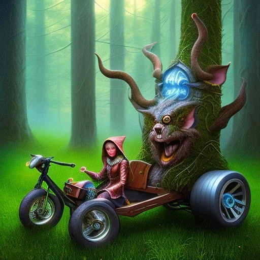 close up on wood elf in trike in magical forest, spray painting, book illustration