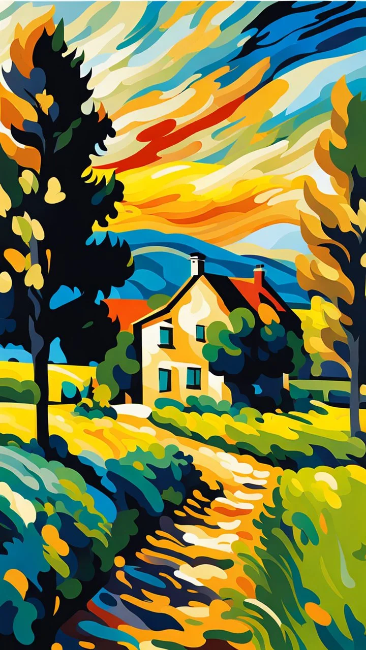 picture of a cottage surrounded by fields and trees in cezanne/van gogh style