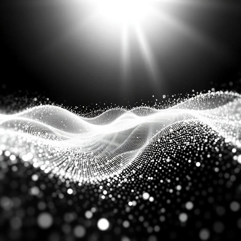 bright abstract particles waves length black and white