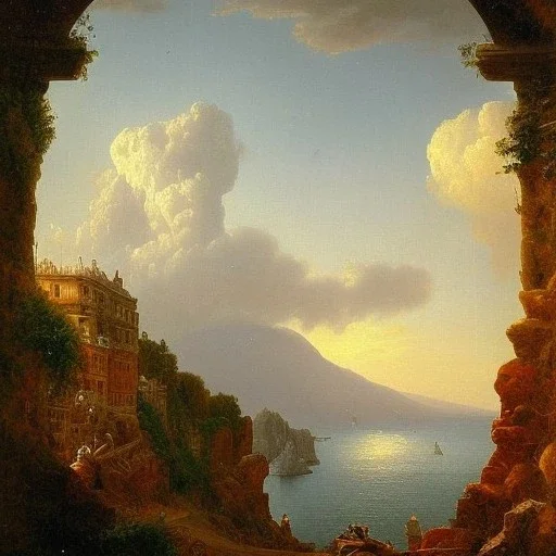 oil on canvas landscape of Sorrento with view of sea and Vesuvius erupting style SCHOOL OF NAPLES SECOND HALF OF THE XIX CENTURY Micco Spadaro art