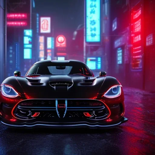 realistic black dodge viper; in an alternate universe in tokyo; cyberpunk; rain; neon signs