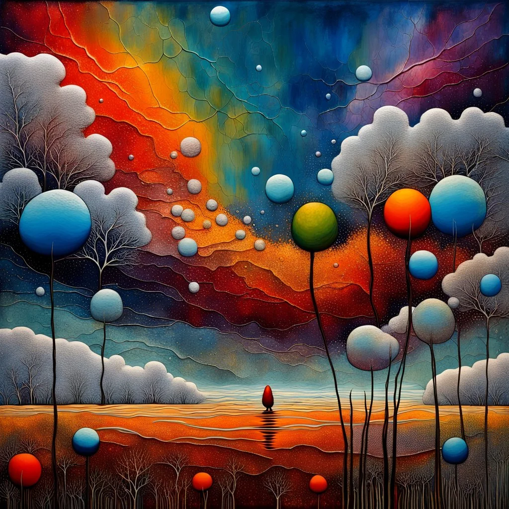 Grunge textured abstract impasto mixed media painting with dripping paint, fantastical otherworldly frozen winterscape with iridescent metallic colors, silver lines, by Andy Kehoe, Klimt, Joan Miro,Ton Dubbeldam, John Hoyland, Amanda Clarke. Reflective frozen pond, surrounded by whimsical, filigree, impressive frosted leaves standing tall on long stems; tendrils, grasses, cattails. Dramatic sky with stormy clouds. with mercury glass patina, glowing golden sparks, vibrant iridescent colours, psyc