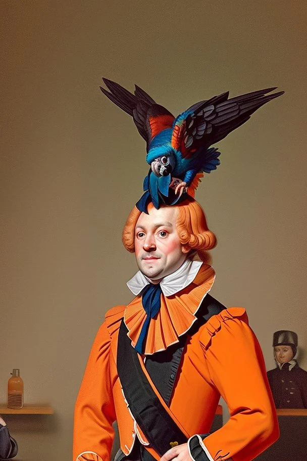 Half parrot half human in a 1700s Orange Dutch uniform in a Dutch cafe