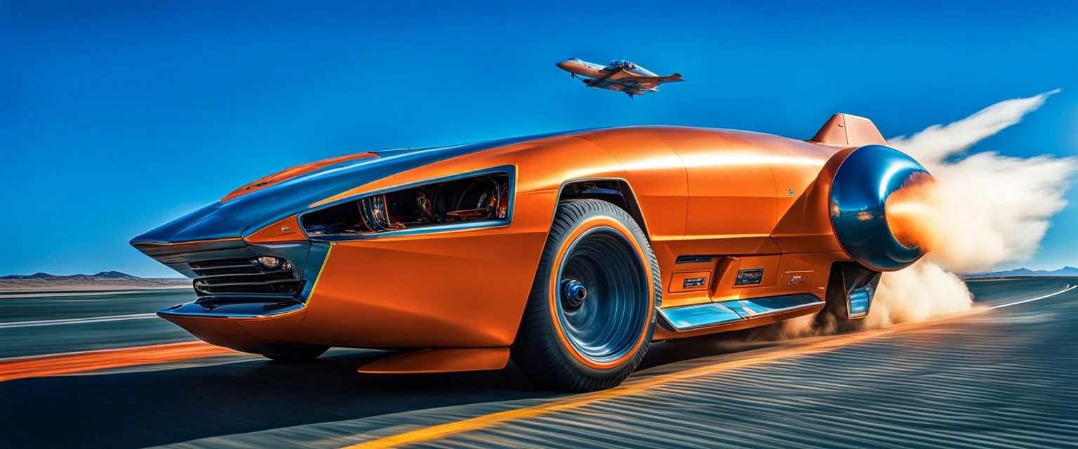 A national geographic award-winning photograph of a military fighter jet station wagon elephant hybrid bilaterally symmetrical designed by skunkworks, only one vehicle per image painted metallic orange traveling at a high rate of speed, jet intake off of the front center of vehicle and jet exhaust out the rear with bright blue flame soviet retrofuturism, cassette tape futurism, sleek but squared, tremendous nuclear powered engine