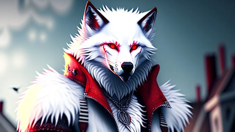 Feral, White fur, Werewolf, Red eyes, character, waist up portrait, oil on canvas, expert, insanely detailed, 4k resolution, cinematic smooth, intricate detail,