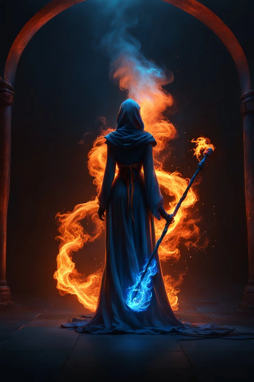 The female Shadow of Death using the staff of destruction. blue fire and orange smoke. fantasy art, Cinematic lighting, Volumetric lighting, Epic composition, octane render