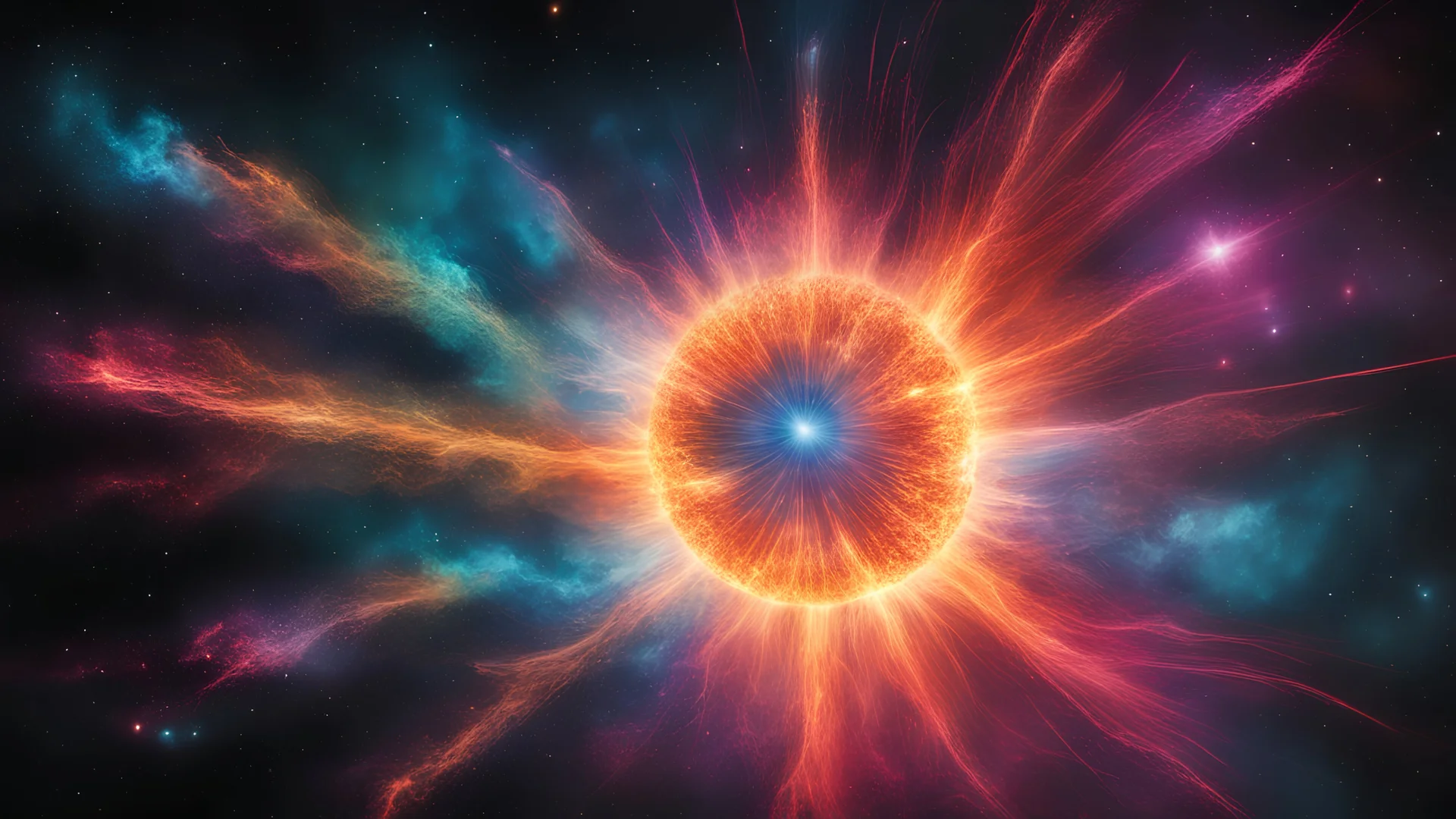 In a mesmerizing display of cosmic fireworks, a hypnotic holographic solar flare erupts with vibrant colors against the stark backdrop of an inky black sky. This high contrast, high key photograph captures the surreal beauty of the celestial phenomenon as it casts a spellbinding radiance. The image, with its impeccable clarity and impeccable detailing, immerses viewers in the otherworldly spectacle, evoking a sense of awe and wonder.