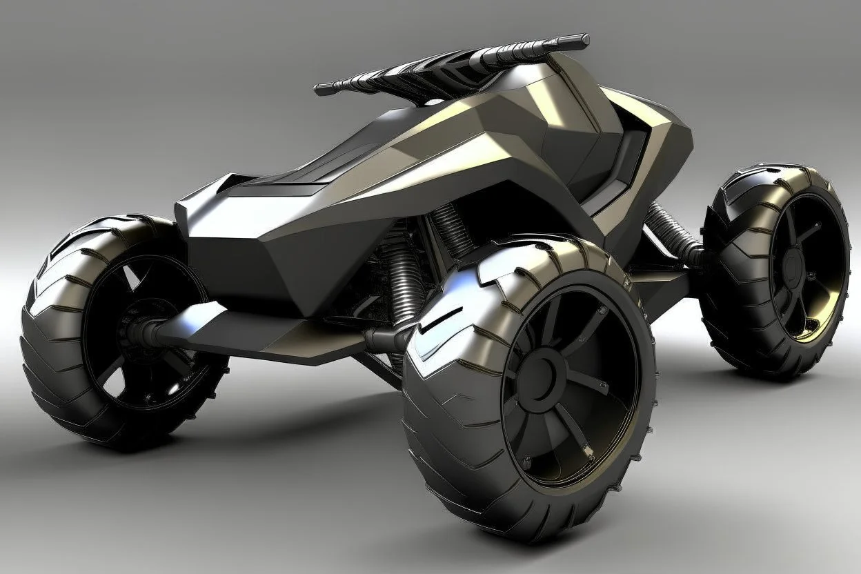 lowpoly highly symmetric metallic atv with black rubber wheels