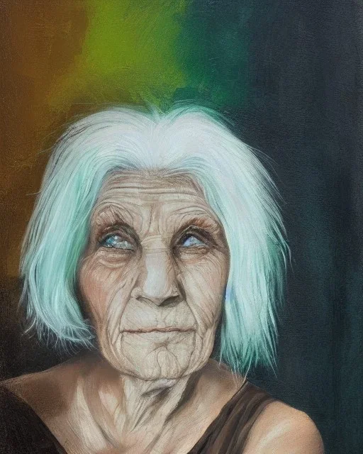 Abstract portrait of an old woman with green eyes and white hair