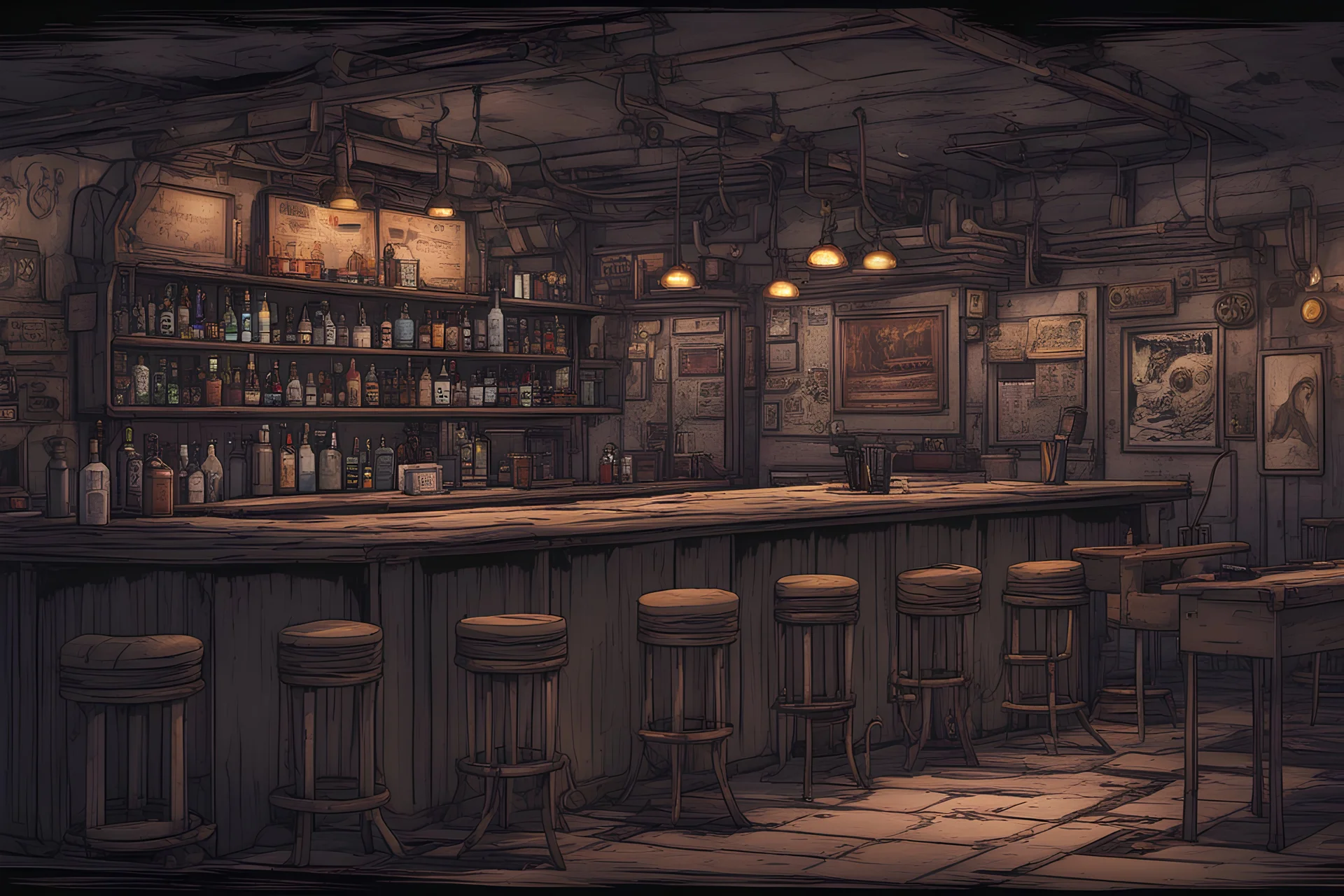 estilo de aventura grafica, bar postapocaliptico