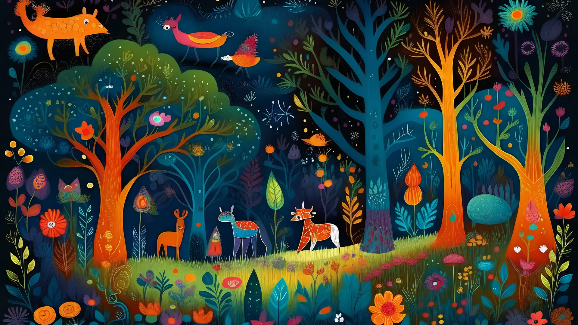 The forest around her comes alive with colorful fireflies, playful animals, and whimsical flowers