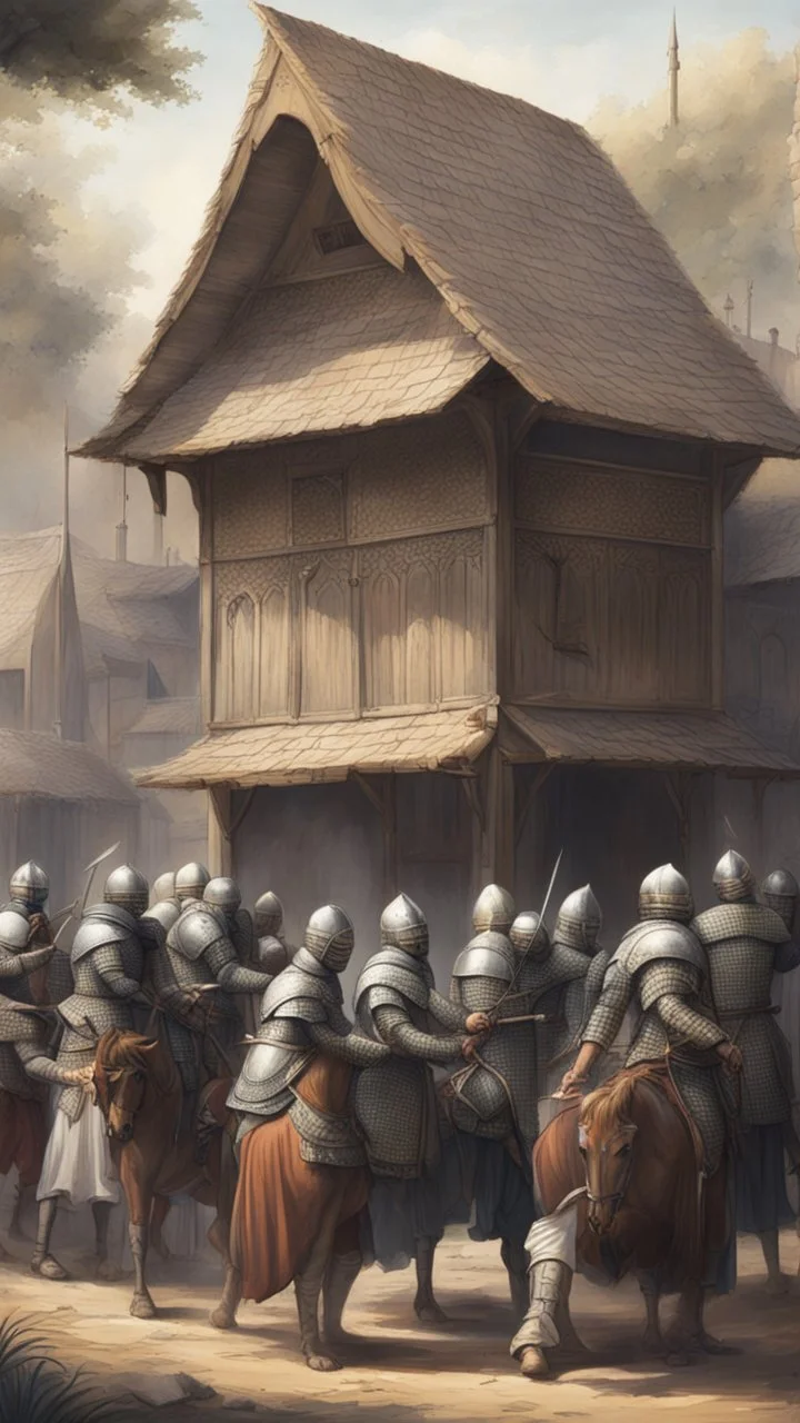 A group of Muslim knights surround a small, old house