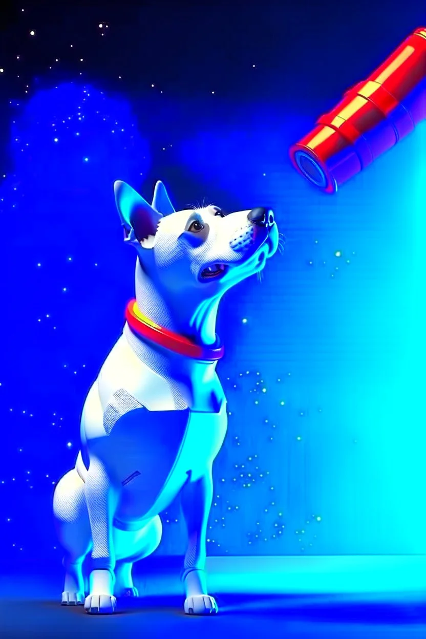 white and orange dog flies to the space with a rocket, in space, realistic, 4k, Cinematic,