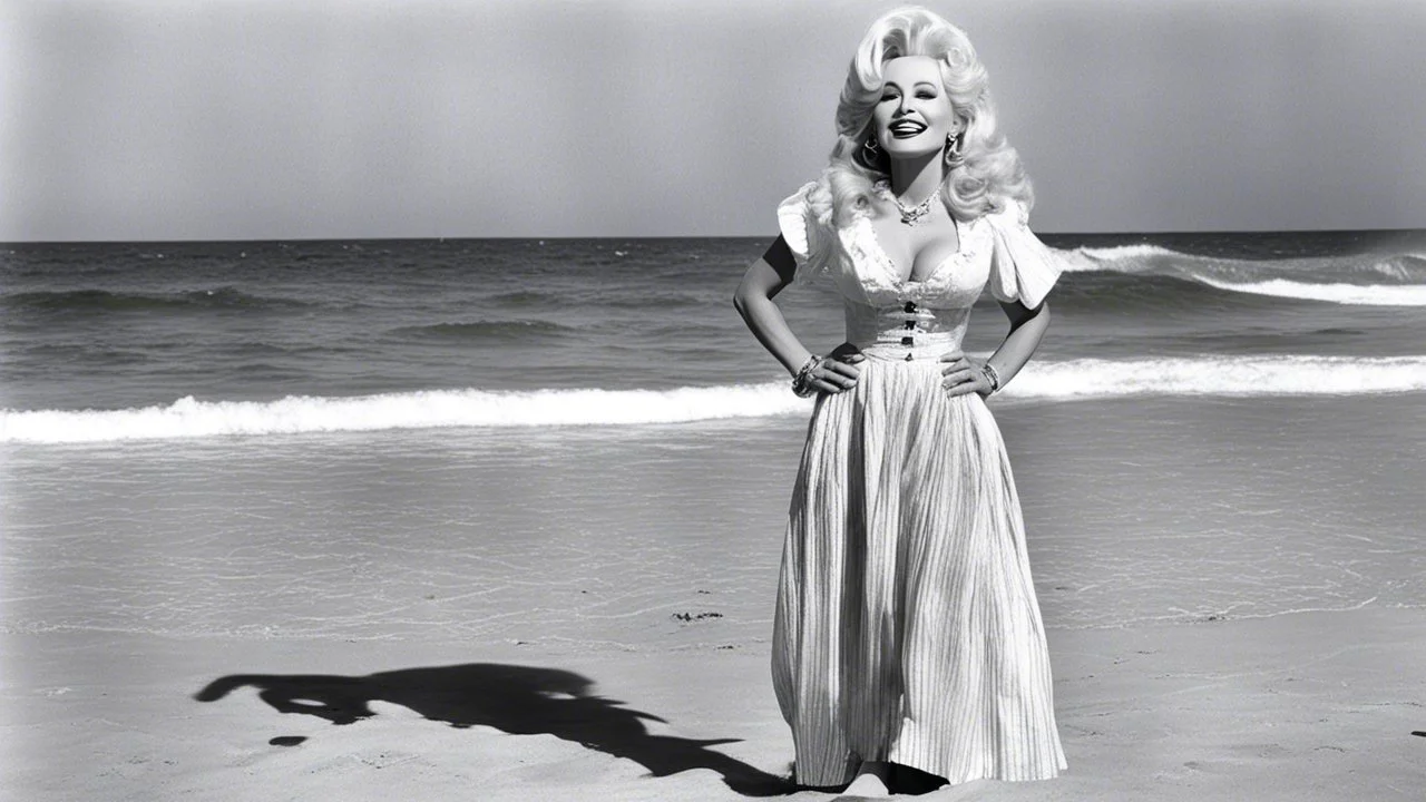 youthful Dolly Parton singing her famous "God/Deicide" country tube on the beach