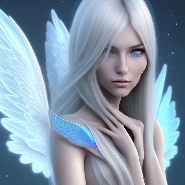  beautiful, soft, smiling face, blue atmosphere, long straight blond hair, big fairies wings in the back