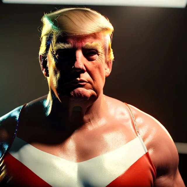 Realistic photo, Donald trump wrestler, wrestling dress, sweat, retro style, 80s, hot ambient, photo studio, red, smooth color, gradient, highly detailed, art stations, concept art, smooth, unreal engine 5, god rays, ray tracing, RTX, lumen lighting, ultra detail, volumetric lighting, 3d, finely drawn, high definition, high resolution.