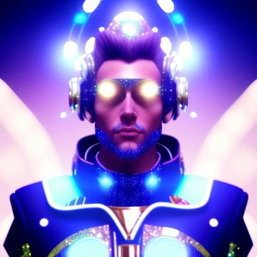 Handsome galactic man, glitter blue and white galactic suit with jewels, blond hair, blue eyes, cinematic lights, full details, hight quality, unreal engine 5, 4k, cosmic stars background