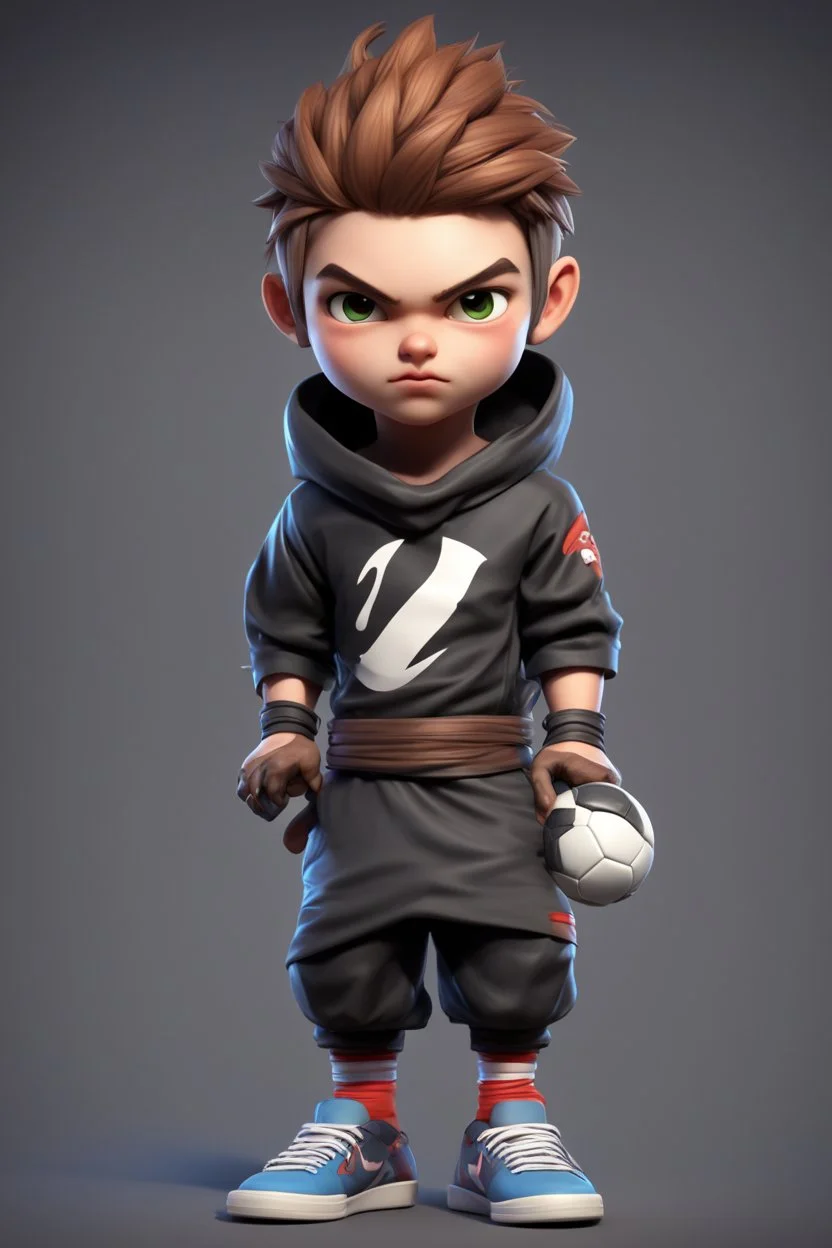 warrior, cute, 2.5D, zbrush, cartoon cute male football player with sneakers, front view, wearing a ninja costume, lit children, 32k uhd, round,8k,HD, wall background