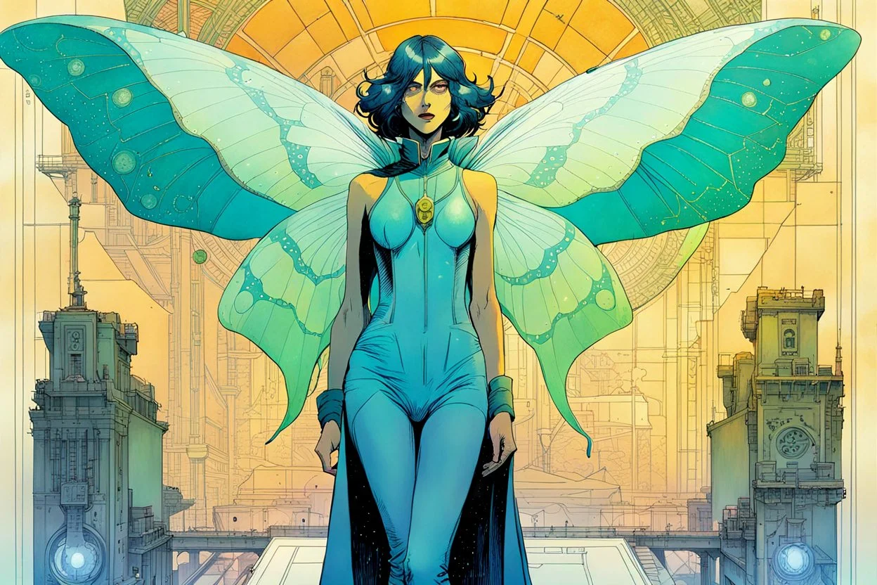 Hand drawn technical,full body portrait illustration , with detailed blueprints and engineering schematics of a walking Luna moth insect girl, in the comic book art style of BILL SIENKIEWICZ and JEAN GIRAUD MOEBIUS, with highly detailed facial features, drawings, and technical notation, 8k, vibrant natural colors